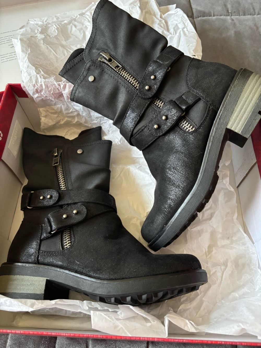 Santana Black Women's Moto Ankle Boots with Buckle & Zip